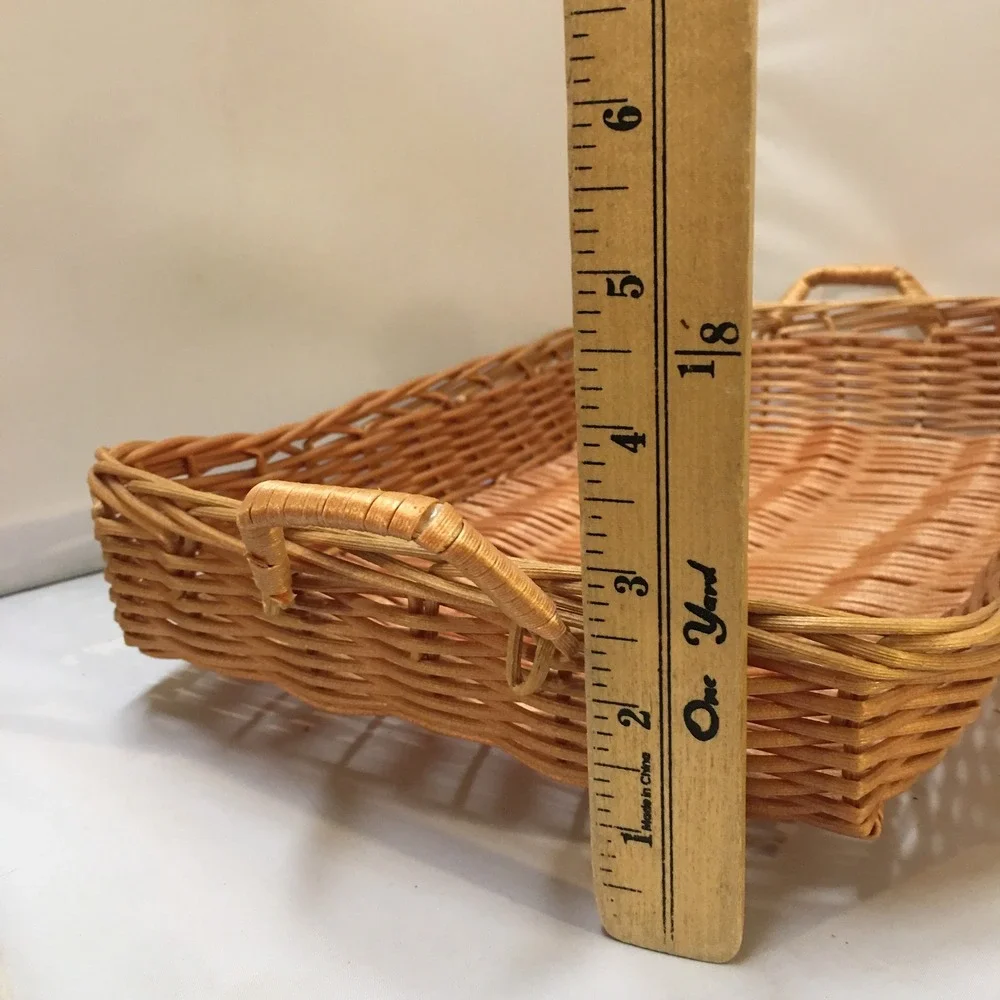 Woven Wicker Serving Tray Unisex Medium Tan Rectangular with Handles Cottagecore